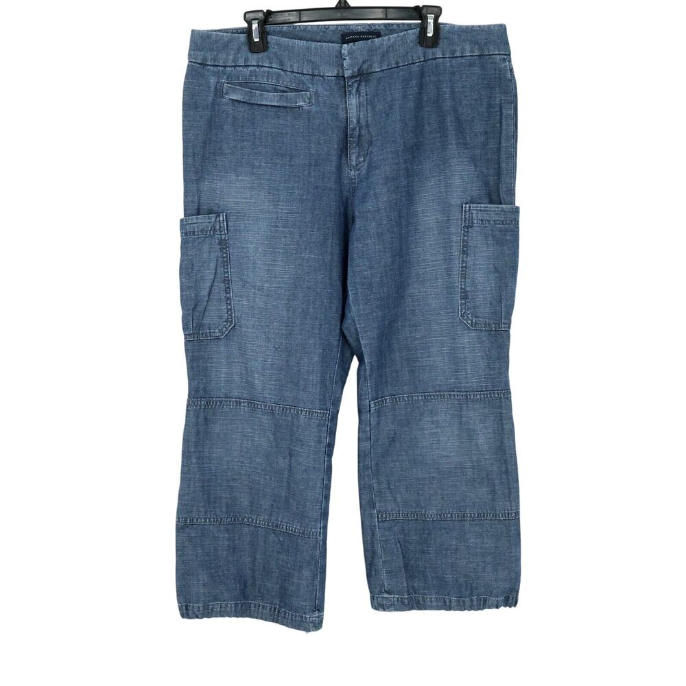 Banana Republic Jeans Womens 16 Blue Cargo Crop Tie Cuffs Baggy Cotton Denim